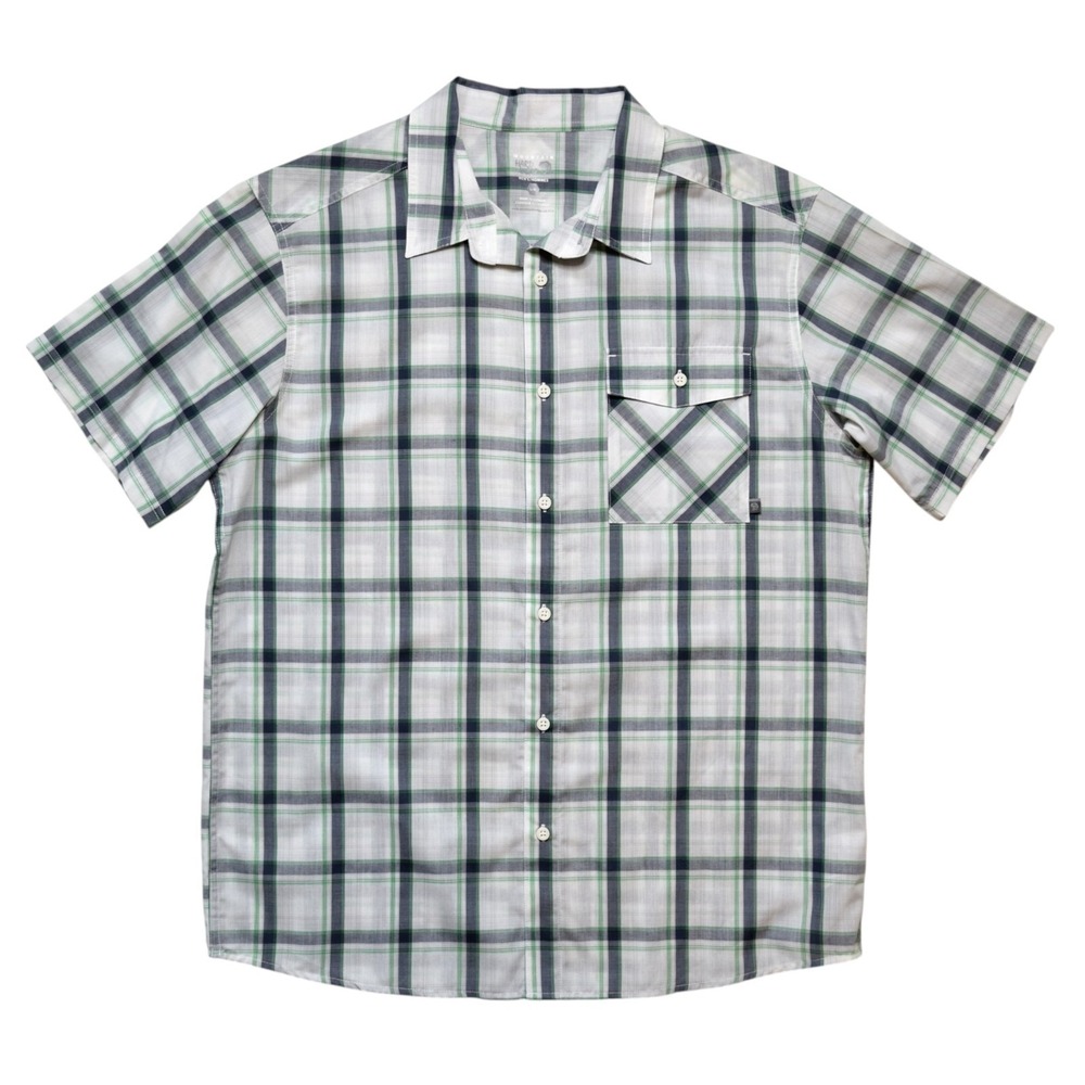 Mountain Hardwear Men's L Green Navy White Check Plaid Short Sleeve Hiking Shirt